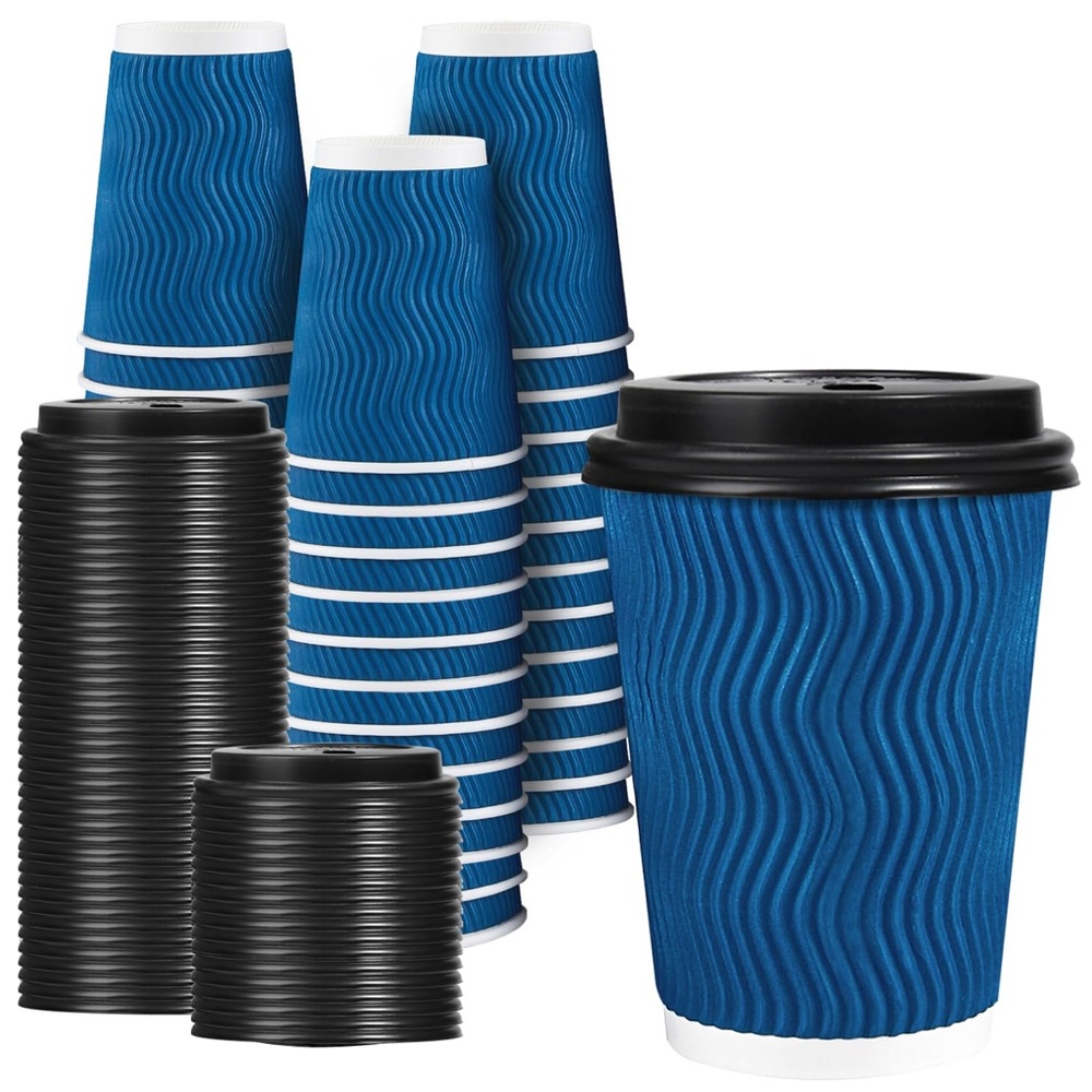 NEW Lamosi 12 OZ Disposable Coffee Cups with Lids - 50 Pack Insulated Corrugated